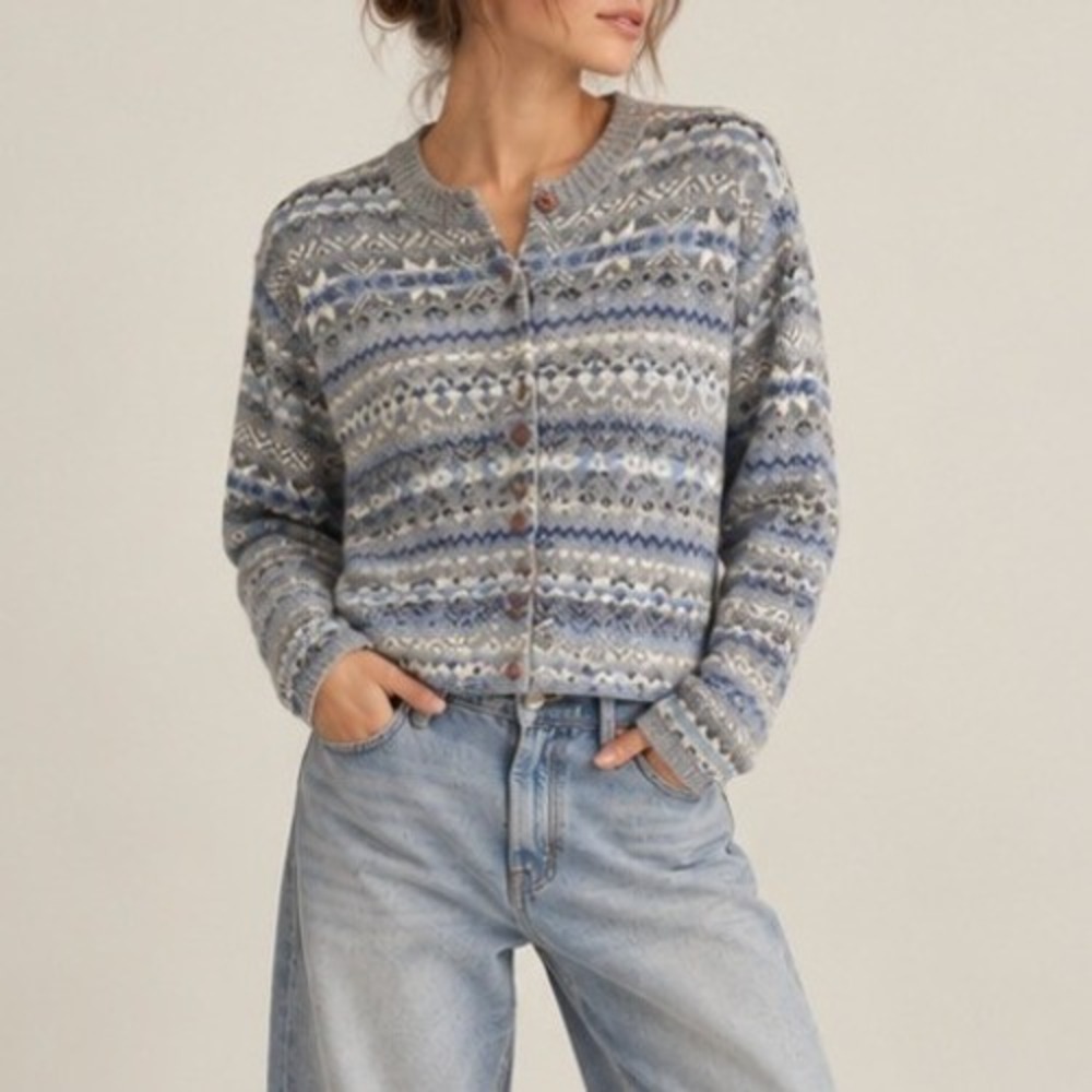 Vintage Cardigan Sweater Fair Isle Knit Medium Gray USA Scandi Cabin Nordic Fall